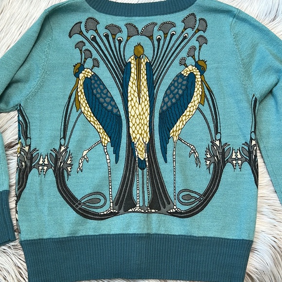 Knitted Dove Birds of a Feather Print Blue Button Cardigan Sweater Wool Blend S - Picture 11 of 12